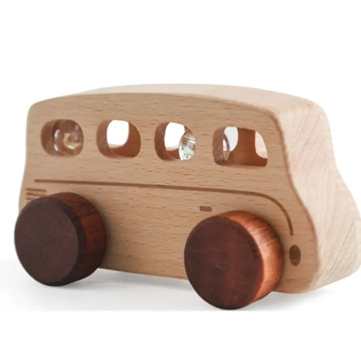 Juguetes Montessori de madera para bebé, carritos hechos a mano sin Bpa, coche de dibujos animados, autobús, decoración de - 1