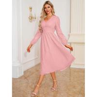 Vestido de manga larga con cuello en V para mujer, vestido elegante de corte A, color sólido, estético, nuevo en oferta - details 4