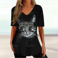 Camiseta Gráfica de Gato Kawaii Manga Corta, Estampado Haruku, Cuello en V, Ropa Suelta para Mujeres - details 8