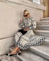 Vestido de Estampado Vintage para Mujer Cuello de Lámpara, Mangas de Farol, Cinturón de Moda Primavera Otoño - details 3