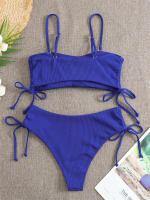 Bikini negro liso para mujer, traje de baño de dos piezas con Tanga de cintura alta y ribetes, 2024 - details 15