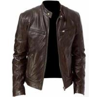 Chaqueta de Cuero para Hombres en Otoño Cuello de Stood, Estilo Motocicleta, Negro y Marrón - details 6