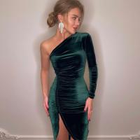 Vestido Bodycon De Veludo Elegante Para Mujer Con Abertura Lateral Manga Larga Para Fiesta Noche Primavera Otoño Vestido Midi Ajustado - details 5