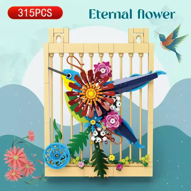 Bloques de construcción de flores eternas para niños, Mural creativo con vista de la calle de la ciudad, ramo, maceta, planta, juguete, modelo, ladrillos, regalo de cumpleaños - 1