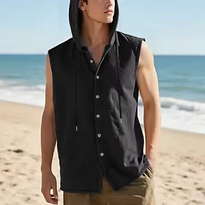 Camisa americana de lino de verano para hombre, informal, sección delgada, con capucha de lona, sin mangas, tipo chaleco. - 1