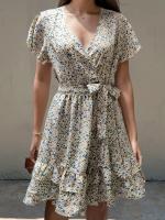 Mini Vestido Floral de Verano Cuello en V, Manga Corta con Volantes, Vestido Elegante de Línea A con Cinturón para Mujeres - details 10