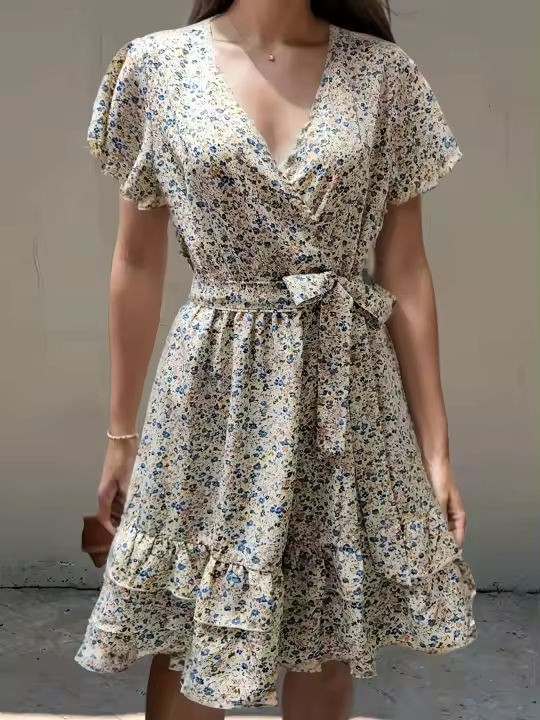 Mini Vestido Floral de Verano Cuello en V, Manga Corta con Volantes, Vestido Elegante de Línea A con Cinturón para Mujeres - 1