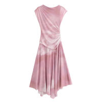 Vestido corto de manga nueva para mujer con cuello redondo y estampado de malla fruncida, dobladillo asimétrico, corte en A, vestidos de verano para estampado, dobladillo, corte, , - details 6