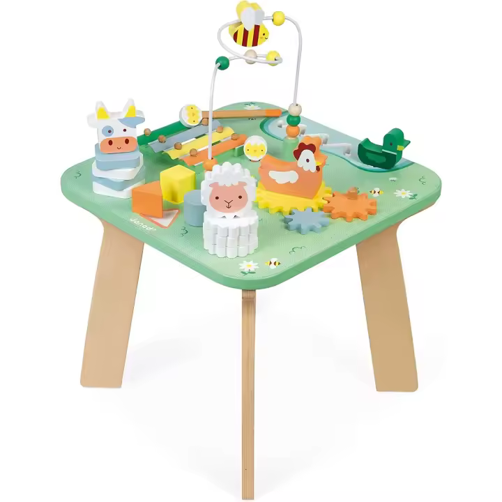 Mesa de actividades Jolie Prairie - 7 actividades para la primera edad - Mesa de madera multijugador con el tema de la granja - Desarrollo de la motricidad fina - A partir de 12 meses, J05327 - 1