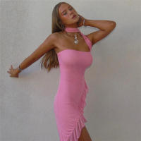 BUNO Vestido asimétrico con cuello halter para mujer, minivestido liso sin mangas con hombros descubiertos y costuras, ropa de fiesta concisa - details 4