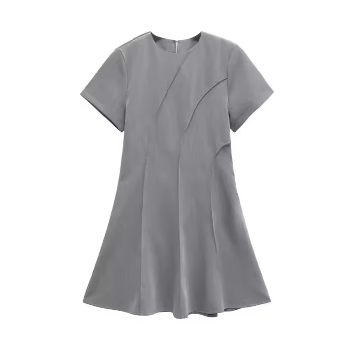 OUWU- Mini Vestido Gris Primavera 2025 Manga Corta Cuello Redondo Oficina para Casual Staple Uste Elástico Traboo Ocio Esencial - 1