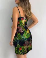 Vestido casual con cuello en V y estampado tropical para mujer, minivestido sin mangas para vacaciones de verano - details 11
