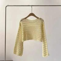 Camiseta Vintage ahuecada, suéter de punto informal, camiseta holgada Y2K, suéter fino con cuello redondo, jerséis de otoño, ropa de calle de moda - details 6
