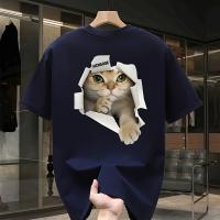 Camiseta gráfica para hombre 100% algodón pesado - Camiseta de manga corta con estampado geométrico y gato juguetón, talla grande, ajuste regular, camiseta informal de verano para adolescentes y adultos jóvenes - details 7
