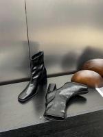 Tacón alto cabeza cuadrada botas delgadas botas cortas zapatos de mujer nuevo tacón grueso marrón con falda - details 12