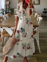 Vestido largo bohemio de verano para mujer, vestidos Vintage con estampado ral y manga con cuello en V, vestido de playa holgado informal con cordón para mujer - details 14