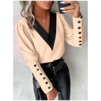 Blusa blanca de manga larga con cuello en V para mujer, Jersey informal y elegante para oficina, rosas, 2024 - details 5