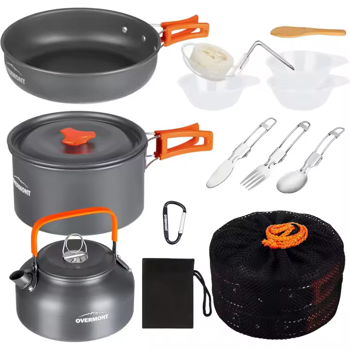 Kit de utensilios de Cocina para Acampada, Olla Sartén, Tetera, Vajilla Para Acampada, Senderismo, Excursión al Aire, Libro de Aluminio, 14 Uds. - 1
