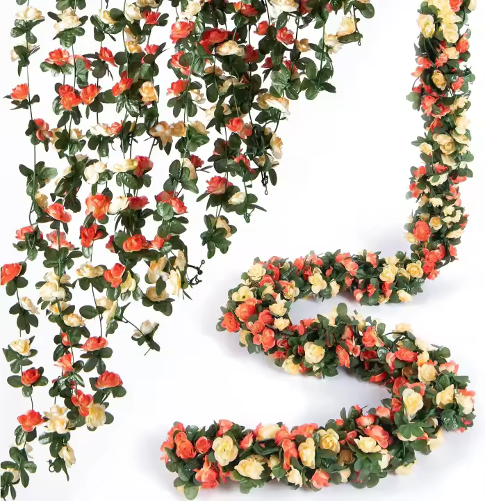 Guirnalda de Flor Artificial de 8 Piezas Rosa de Vid Hojas Verdes Luz y Decoración para Celebraciones - 1