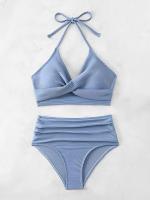 Bikini de Cintura Alta 2025 Traje de Baño de Halter para Mujeres Traje de Baño Sólido - details 5