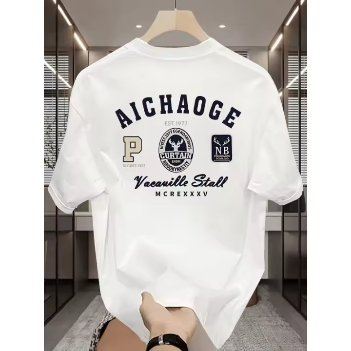 Camiseta de Algodón Puro Impresa para Hombres Manga Corta, Versátil, Talla Grande, Top Casual para Primavera-Verano - 1