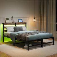 Marco de cama doble con estación de carga y luces LED, plataforma de metal resistente, marco de cama doble de 135 x 190 cm con cabecero de madera con almacenamiento, no necesita - details 45