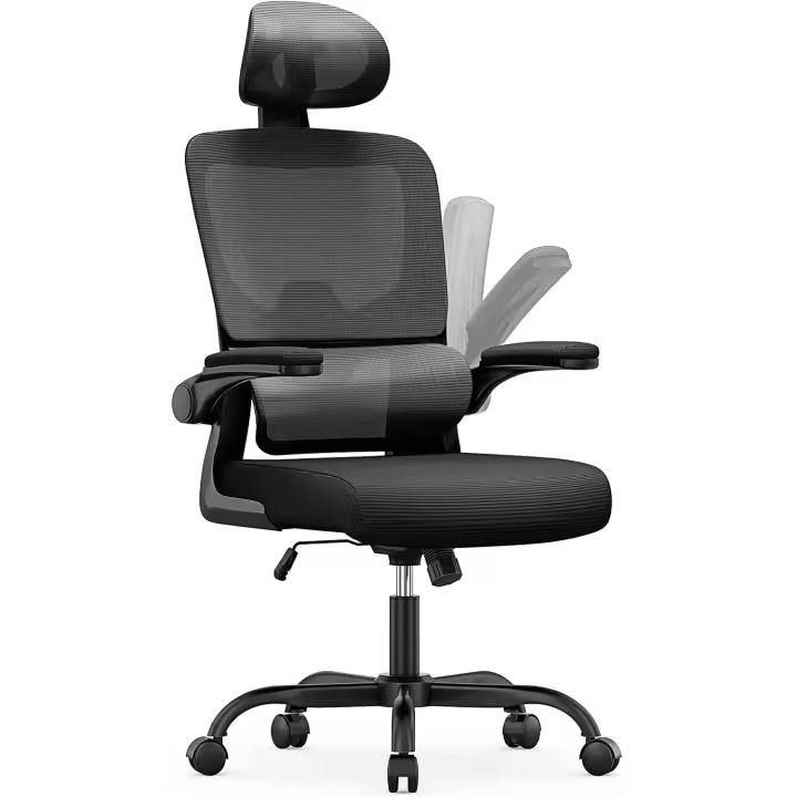 Silla Oficina Ergonómica con Soporte Lumbar, Silla de Escritorio de Respaldo con Reposacabezas y Altura Ajustables, Reposabrazos Abatible, Silla de Ordenador para Oficina en Casa, Gris - 1