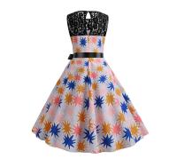 Lace patchwork floral print women summer 50s 60s elegant dress - details 83