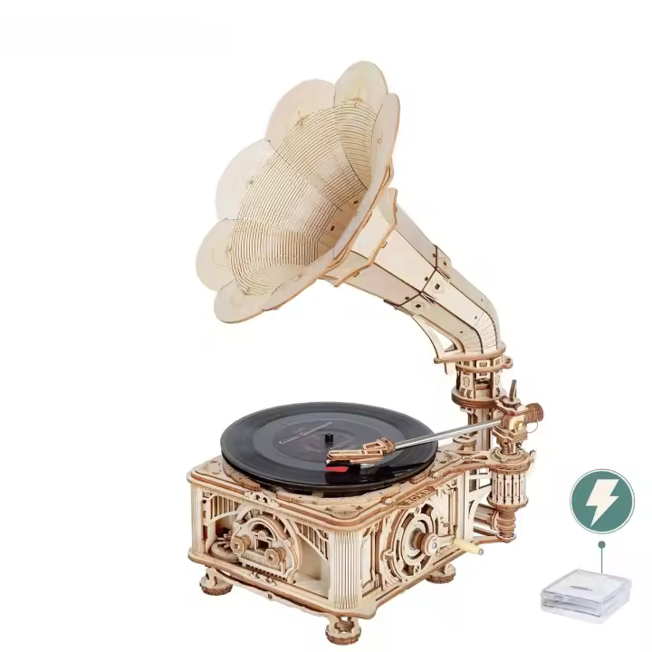 Robotime Gramofoón Clásico de Manivela Modelo de Madera 1:1 con Música - 1