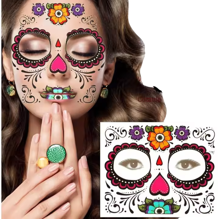 Etiqueta engomada del maquillaje Tatuaje facial temporal del cráneo para el día de Halloween - 1
