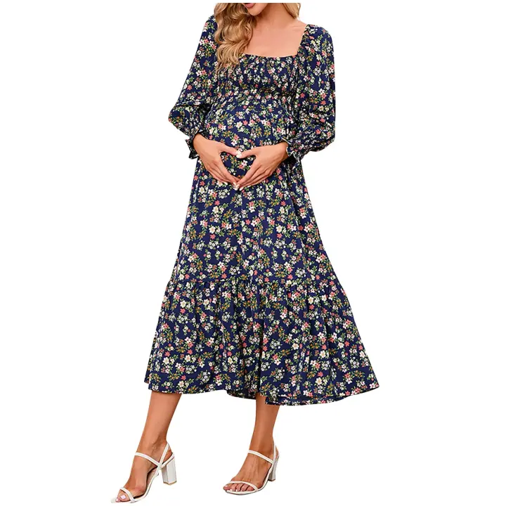 Vestido de maternidad para sesión de fotos, vestido informal con estampado Floral pequeño a la moda para mujeres embarazadas - 1