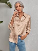 Blusa De Seda Casual Leopardo Para Mujer Camisa De Oficina Con Botones Manga Larga Ajustable Estilo Elegante Tops Blusas - details 9