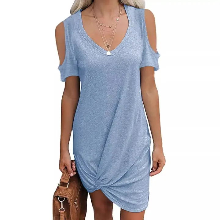 Vestido de manga corta para mujer, camiseta retorcida con hombros descubiertos, Color sólido, verano europeo y americano, primavera y verano - 1