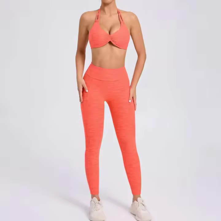 Conjunto de yoga sin costuras para mujer, pantalones de chándal de cintura alta con bolsillos para levantar la cadera, tres sujetadores sin espalda, Body de entrenamiento de gimnasia - 1