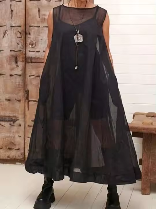 Freeacy Vestido informal para mujer, color negro liso, transparente, corte A, midi, cuello redondo, sin mangas, bolsillos, vestido exterior - 1