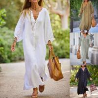 Vestido de Lino y Algodón Blanco Cuello Largo V Casual Suelto Medio Largo Mangas de Siete Cuartos - details 1
