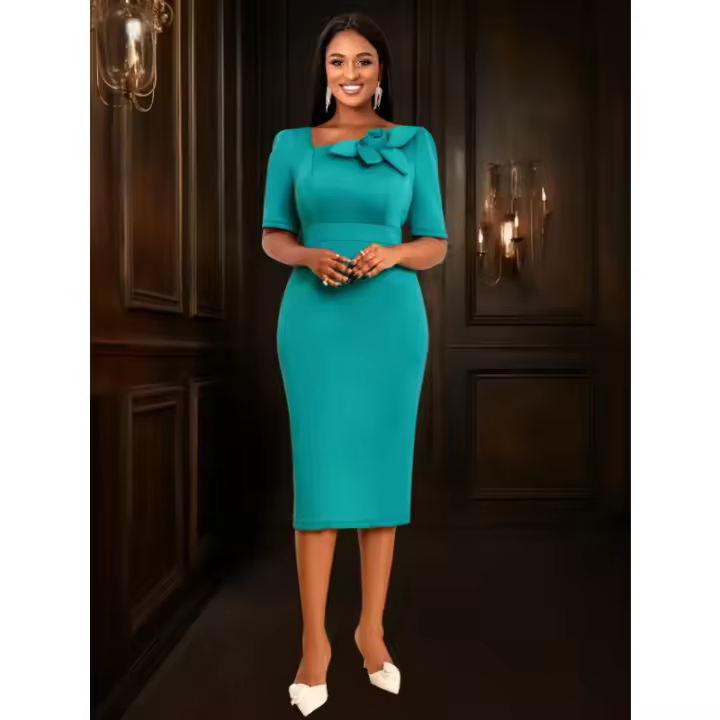 Vestido Midi de Cintura Alta con Manga Corta de Flor 3D Cuello Irregular Moda Nocturna para Mujeres - 1
