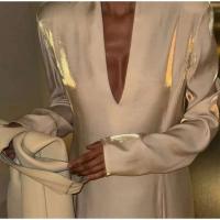 Vestido informal suelto para mujer, cuello en V, hombrera, manga larga, bata con ventilación para mujer, primavera 2025, nueva moda, vestidos rectos elegantes para mujer - details 6