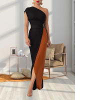 Invitada con un hombro largo y diseño de bloques de color Wo, estilo elegante, vestido de noche de boda de longitud media, vestido nquet para Wo, estilo, , - details 2