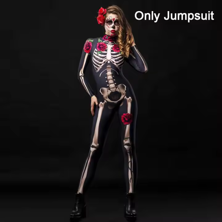 Disfraz de esqueleto de rosa para adultos, vestido de miedo para Halloween, mono sexy para fiesta de carnaval, mamelucos para mujer, Día de los muertos - 1