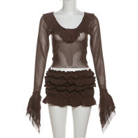 BUNO-Conjunto de 2 piezas con transparencias de gato extraño para mujer, Tops cortos con solapa y cuello oblicuo y manga acampanada + minifaldas ajustadas con niveles, traje elegante de tendencia - details 21