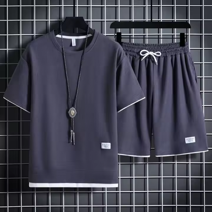 Conjunto de camiseta y pantalones cortos informales para hombre, chándal de Color sólido, trajes sueltos de verano, talla 3XL - 1