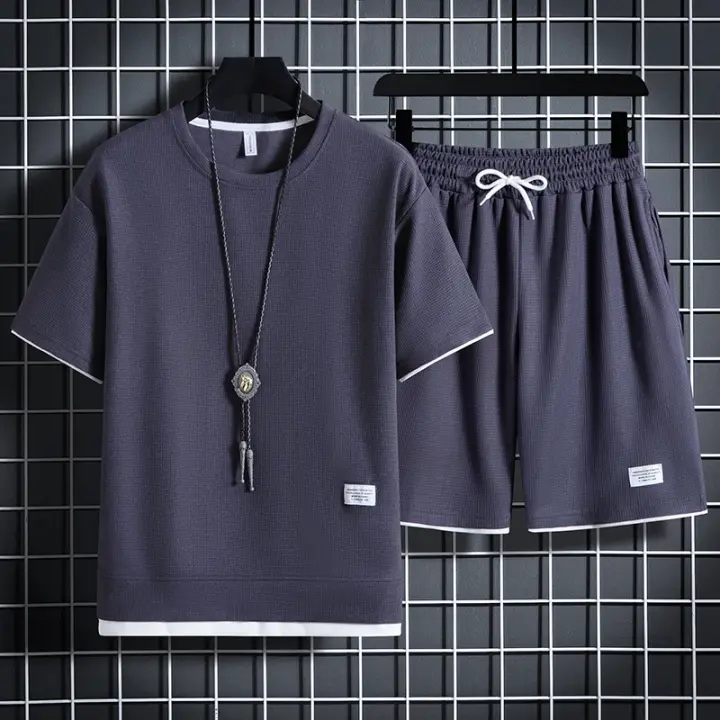 Conjunto de camiseta y pantalones cortos informales para hombre, chándal de Color sólido, trajes sueltos de verano, talla 3XL - 1