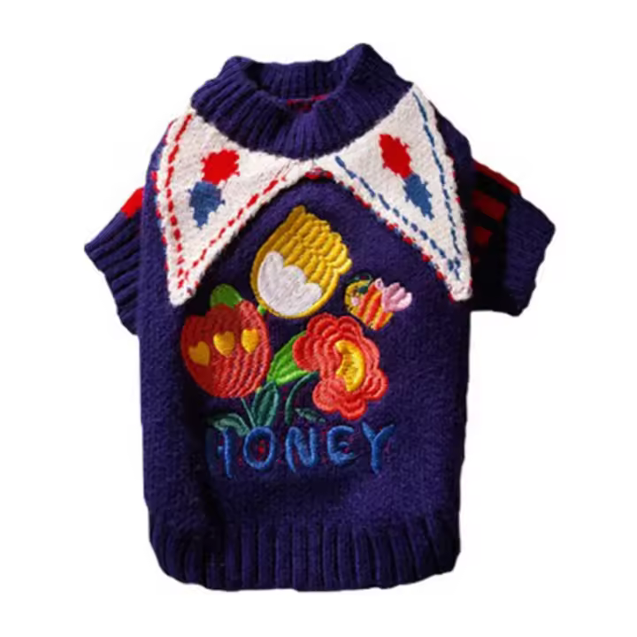 Suéter de payaso con bordado de rosas para mascotas, suéter a cuadros suave y cómodo para perros, gorro de punto cálido para mascotas, jersey de punto para perros y gatos - 1
