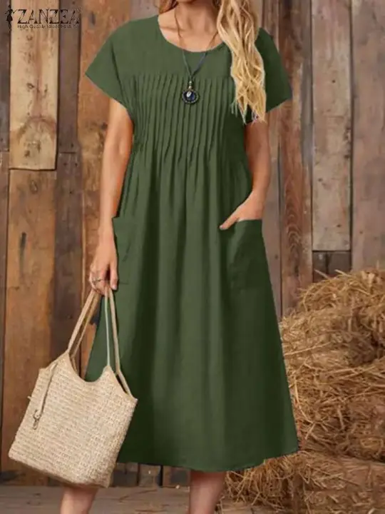 Elegante Vestido de Verano ZANZEA Cuello en V, Manga Corta, Vestido Plisado a Media Pantorrilla para Mujeres Moda Casual para Trabajo - 1