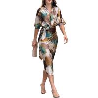BUNO-Vestido largo elegante para mujer, informal, de verano, para oficina, corto sólido, manga con cuello en V, longitud de la cintura con cinturón, vestidos de fiesta con abertura y lazo - details 5