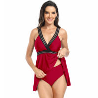 Traje de baño de dos piezas para mujer, bañador de color liso con pantalones de seguridad y falda, talla grande, 2024 - details 42