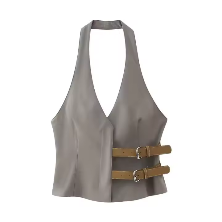 OUWU-Conjunto de moda para mujer, chaleco de cuello alto, pantalones sueltos, estilo americano y europeo, color Beige, novedad de primavera - 1