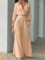 Women casual 2 pieces set elegant turn down collar long sleeve shirt and wide leg pants - details 3