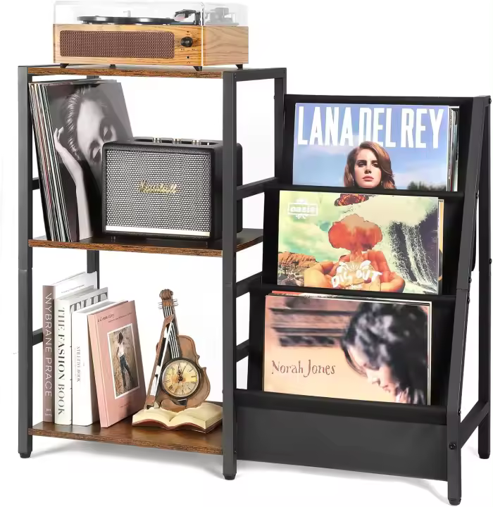 Vinilo Stand,Mesa Auxiliar Soporte Vinilos con Almacenamiento de Vinilos de 3 niveles Soporte Tocadiscos de Vinilo Hasta 200 álbumes, Soporte de Récord de Vinilo para Sala de Estar - 1